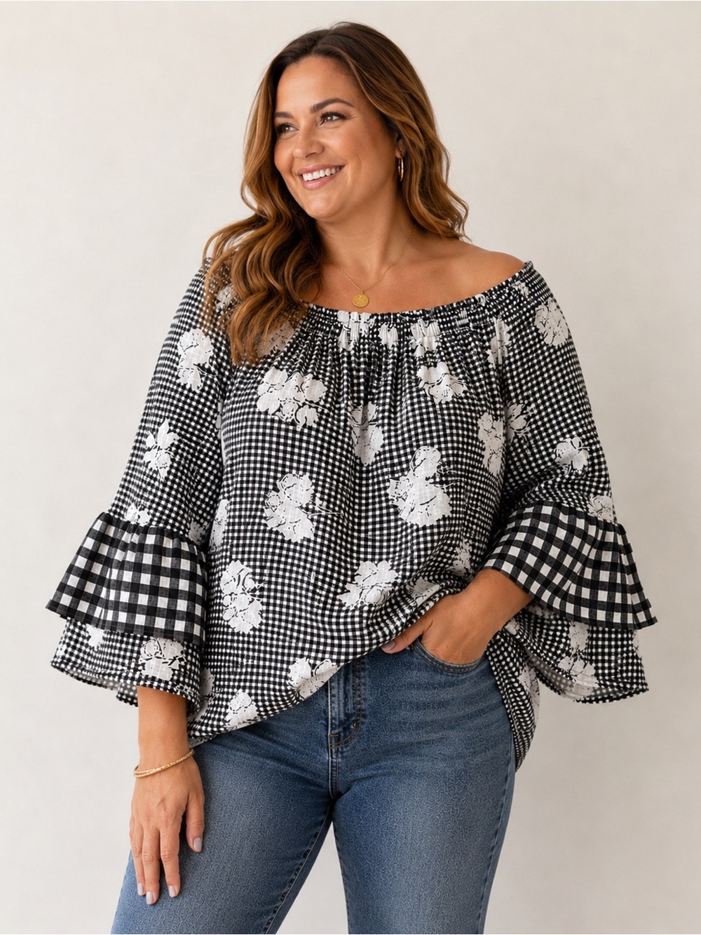 Spense 2X Black White Gingham Floral Bell Sleeve Peasant Blouse Cottagecore